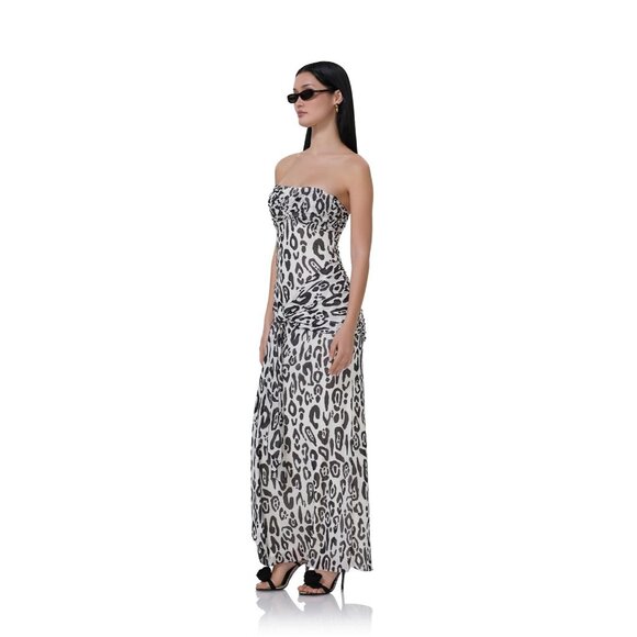 AFRM Rosalie Stark Leopard Mesh Strapless Gathered Maxi Dress, Size S - Picture 2 of 14